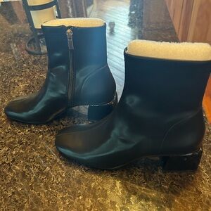 Chicos Black Leather with Patent-Heel Bootie Size 6 NEW with covers & box